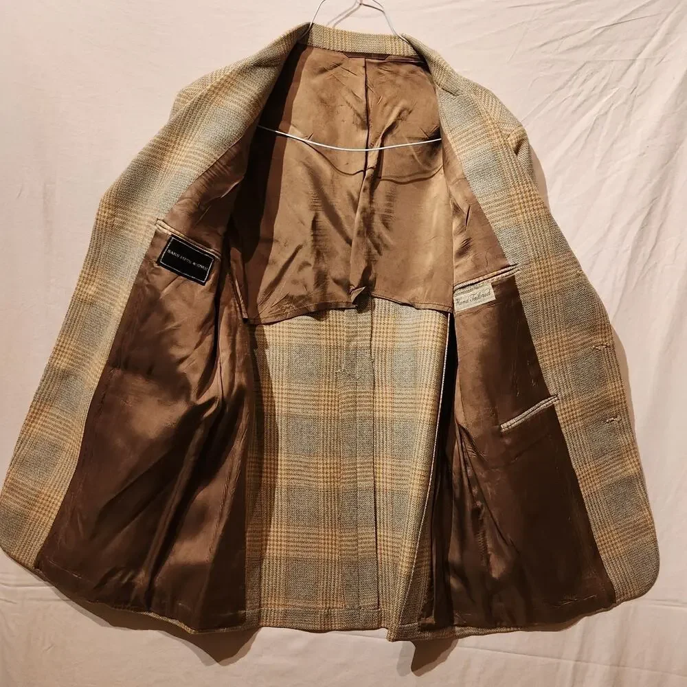 Vintage Saks Fifth Avenue Tan Sz Large Wool Large Pocket Tweed Sport Coat Jacket